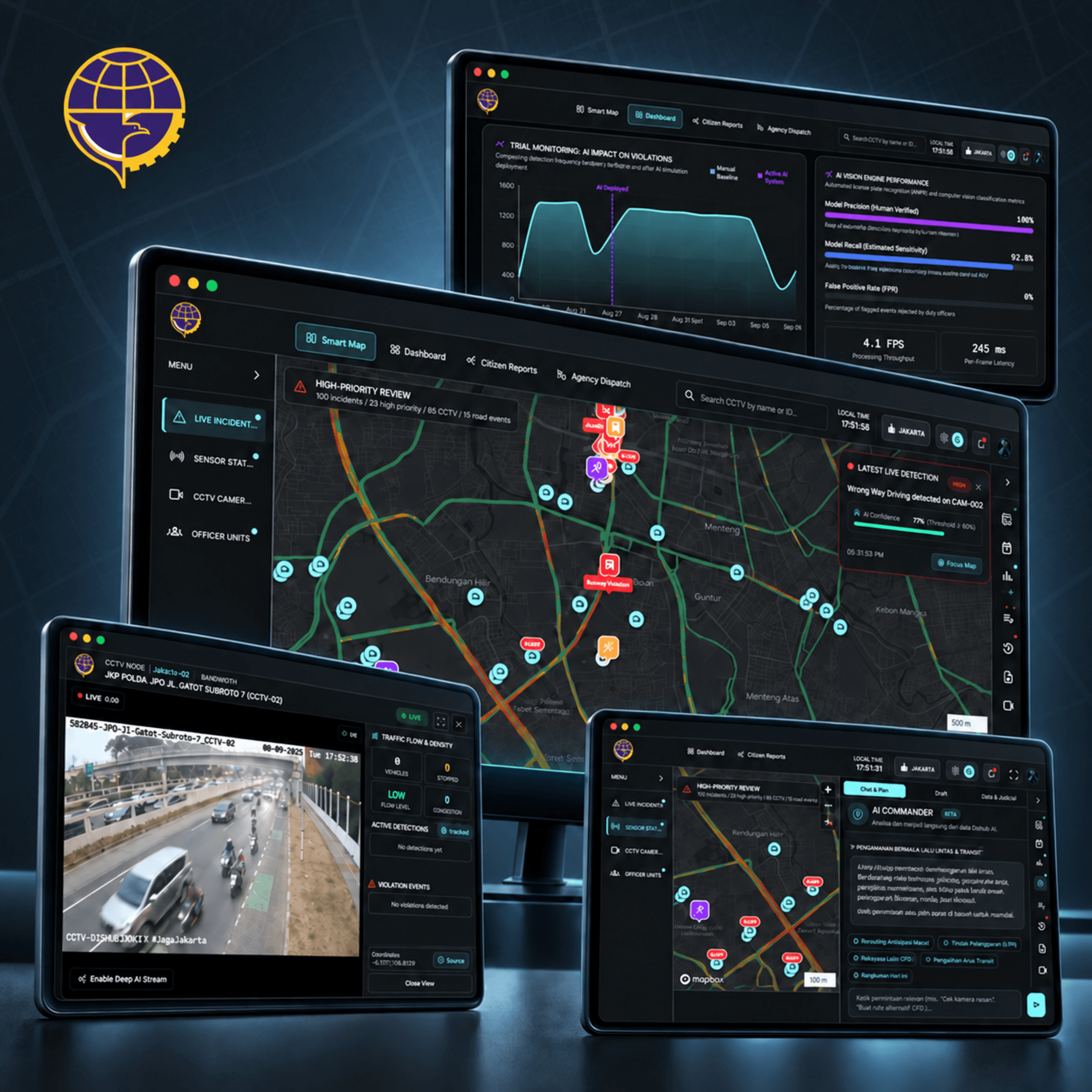 Dishub traffic intelligence dashboards with incident maps and CCTV monitoring